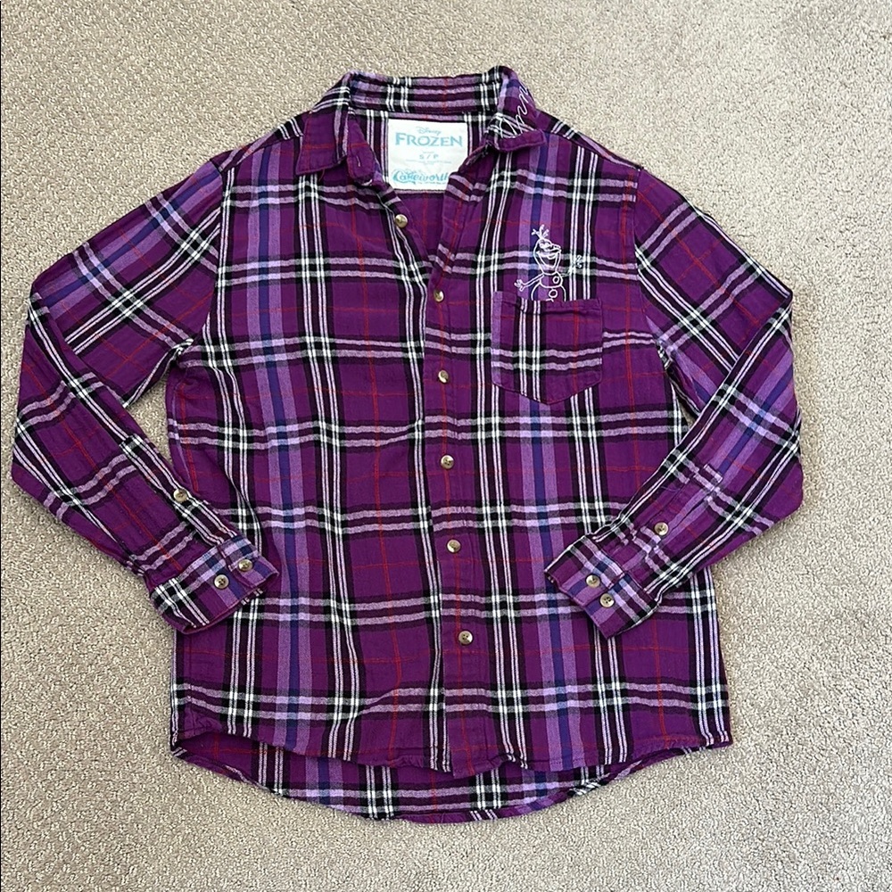 CAKEWORTHY Frozen Olaf Flannel Shirt Snowman Purple Plaid Embroidered Disney